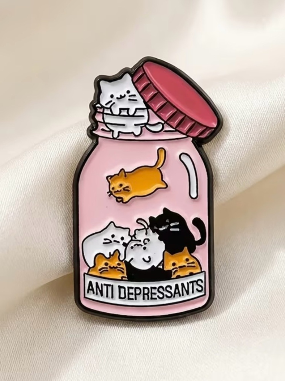 Cute Pink 'Anti Depressants' Cat Enamel Pin